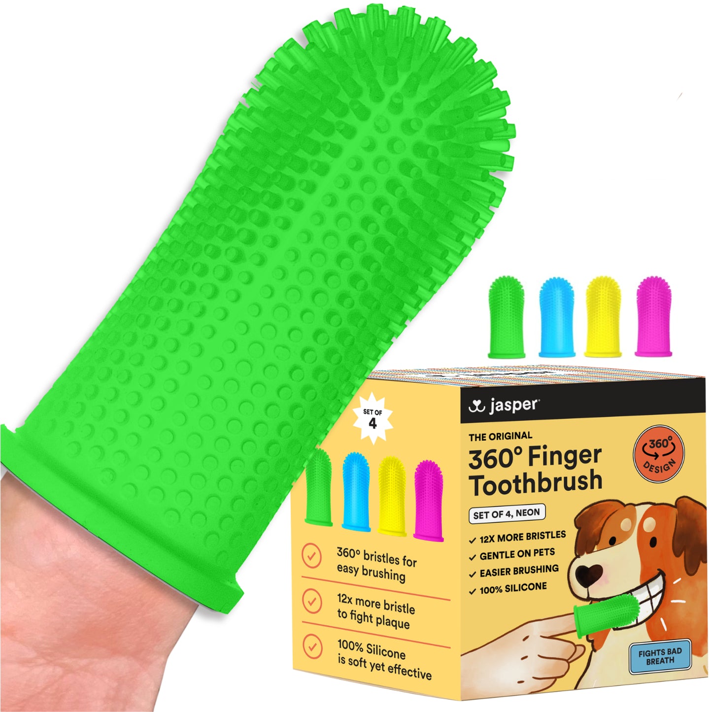 Jasper® 360º Pet Finger Toothbrush, 4-Pack Neon