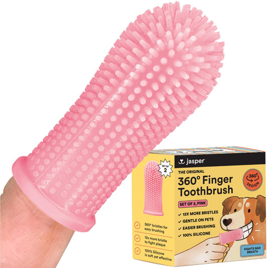 Jasper Dog Toothbrush, 360º Dog Tooth Brushing Kit, Cat Toothbrush, Dog Teeth Cleaning, Dog Finger Toothbrush, Dog Tooth Brush for Small & Large Pets - Pink 2-Pack…