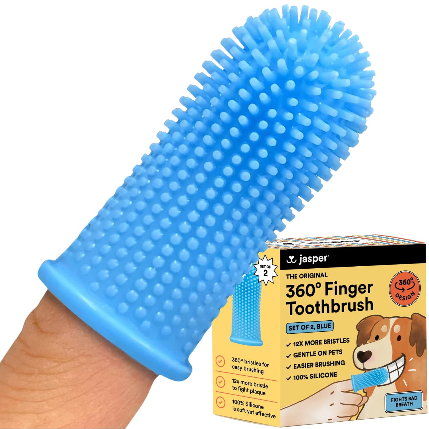 Jasper 360º Dog Tooth Brushing Kit, Cat Toothbrush, Dog Teeth Cleaning, Dog Finger Toothbrush, Dog Tooth Brush for Small & Large Pets - Blue 2-Pack