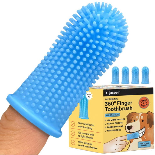 Jasper Dog Toothbrush, 360º Dog Tooth Brushing Kit, Cat Toothbrush, Dog Teeth Cleaning, Dog Finger Toothbrush, Dog Tooth Brush for Small & Large Pets  - Blue 4-Pack