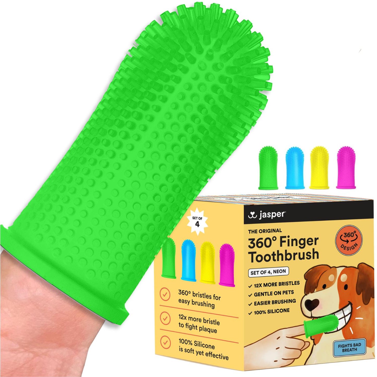 Jasper Dog Toothbrush, 360º Dog Tooth Brushing Kit, Cat Toothbrush, Dog Teeth Cleaning, Dog Finger Toothbrush, Dog Tooth Brush for Small & Large Pets - Neon 4-Pack