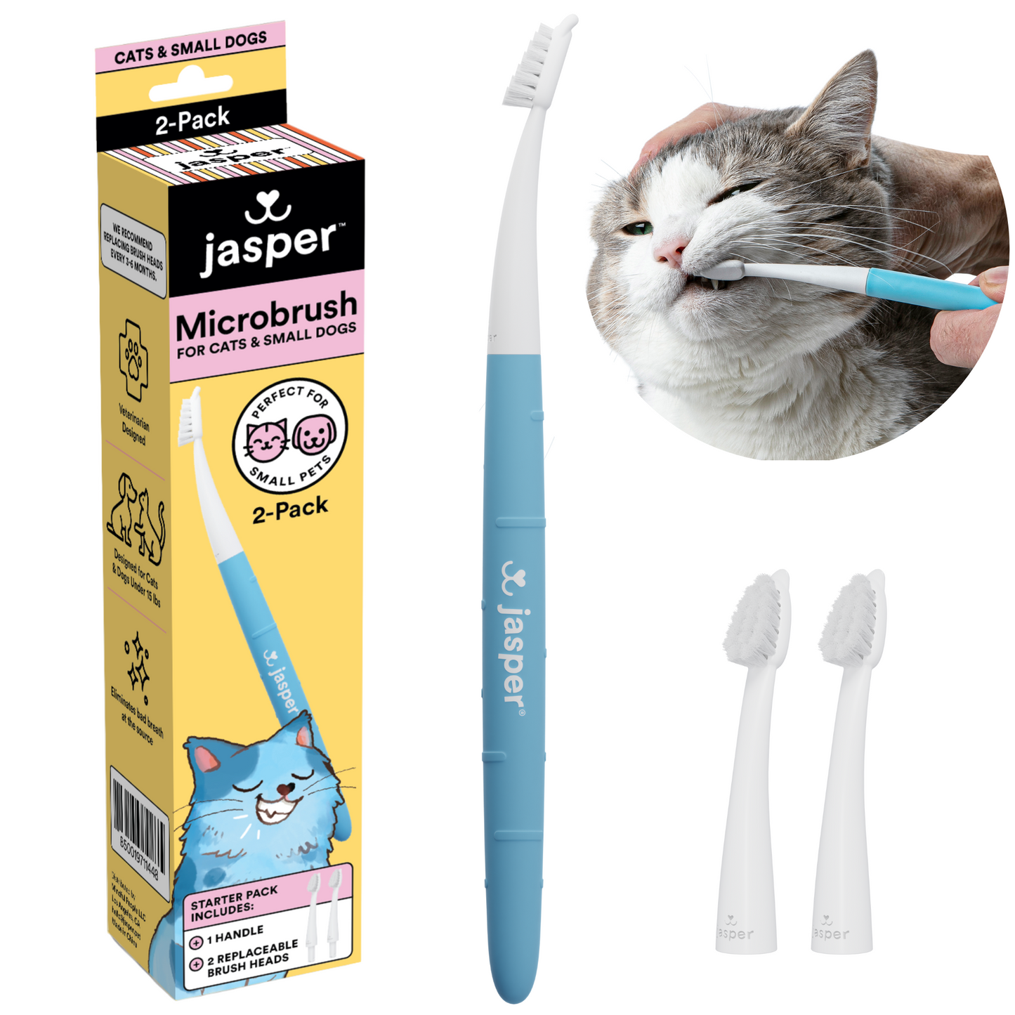 Jasper® Microbrush for Cats & Small Pets, Kit of 2 Brush Heads & 1 Handle