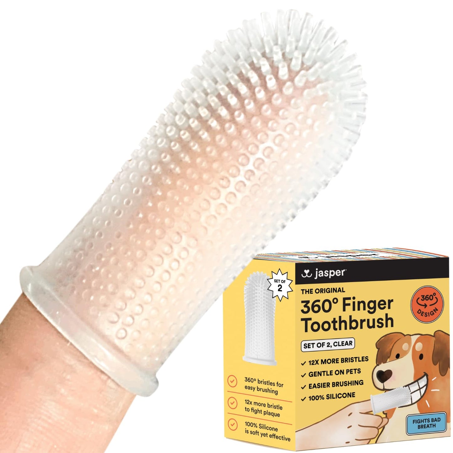 Jasper Dog Toothbrush, 360º Dog Tooth Brushing Kit, Cat Toothbrush, Dog Teeth Cleaning, Dog Finger Toothbrush, Dog Tooth Brush for Small & Large Pets - Clear 2-Pack