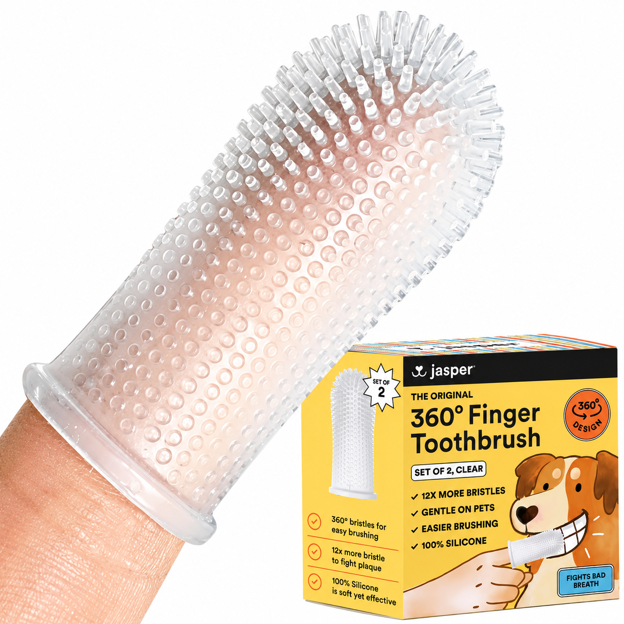 Jasper Dog Toothbrush, 360º Dog Tooth Brushing Kit, Cat Toothbrush, Dog Teeth Cleaning, Dog Finger Toothbrush, Dog Tooth Brush for Small & Large Pets - Clear 2-Pack